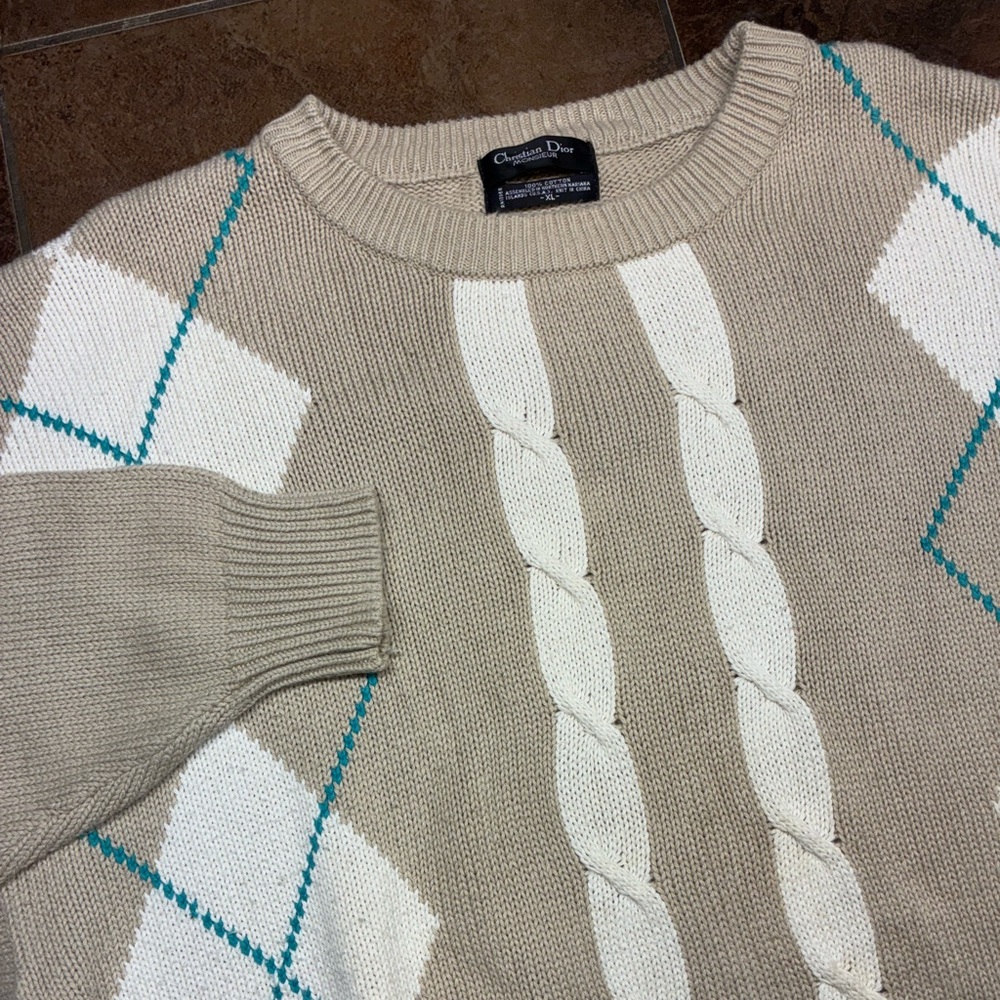 Dior Vintage Beige and White Argyle Crewneck Sweater